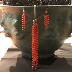 Coral Bead Tassel & Gold Necklace Earrings Set